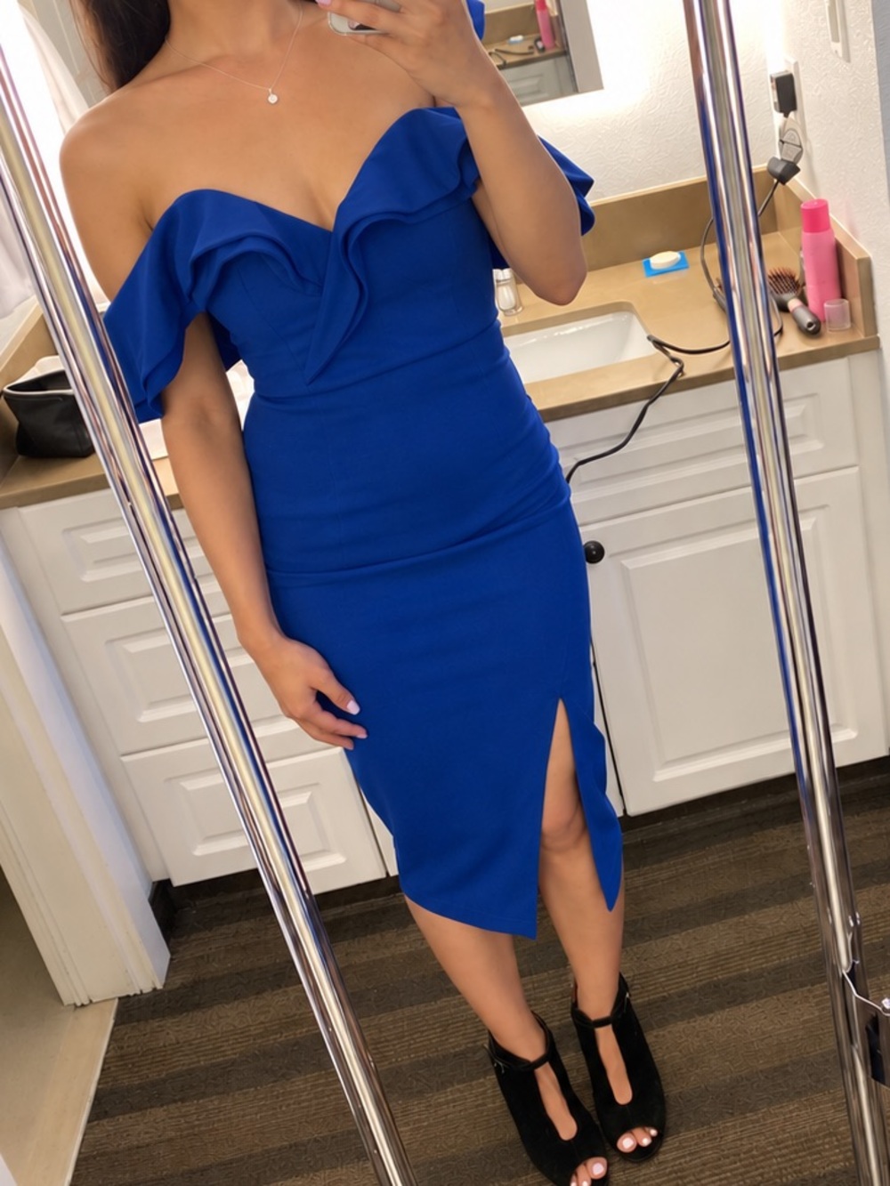 Morning Mist Off-Shoulder Royal Blue Midi Dress